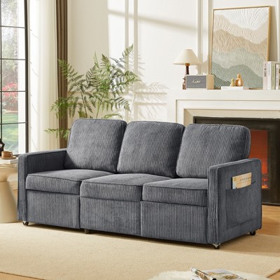 Kumasinova Retractable 3 Seater Sofa,Corduroy Couch with Side Pockets,Wheels,Couches for Living Room,Apartment,Office