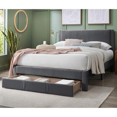 NicBex Modern Queen Upholstered Bed Frame with Corduroy Headboard and 1 Drawer,Solid Wood Slats Support,No Box Spring Needed,Easy Assembly