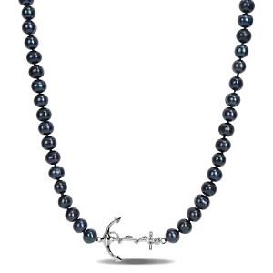 EVERLY JEWELRY |7-7.5mm Black Cultured Freshwater Pearl Men's Necklace with Sterling Silver Anchor Charm and Lobster Clasp - 19+2 in. - 1 of 4