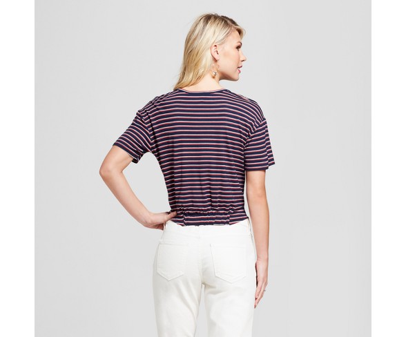 Women's Striped Short Sleeve Twist Front T-Shirt - Soul Cake (Juniors') Navy L