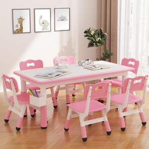Kids Table and 6 Chairs Set,Height Adjustable Toddler Table,Graffiti Desktop, Children Study Table for 6 for Home Daycare Preschool for Ages 2-10 - 1 of 4