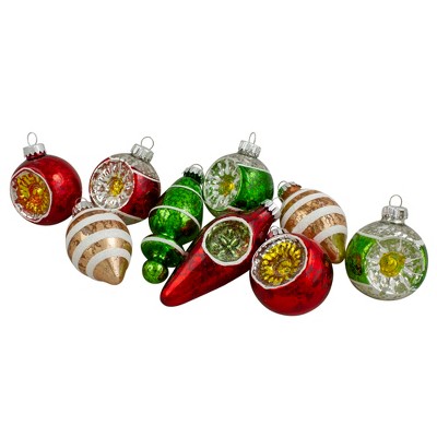 Northlight 9ct Silver and Red Retro Reflector Glittered 2-Finish Glass Christmas Ornaments 3.5"