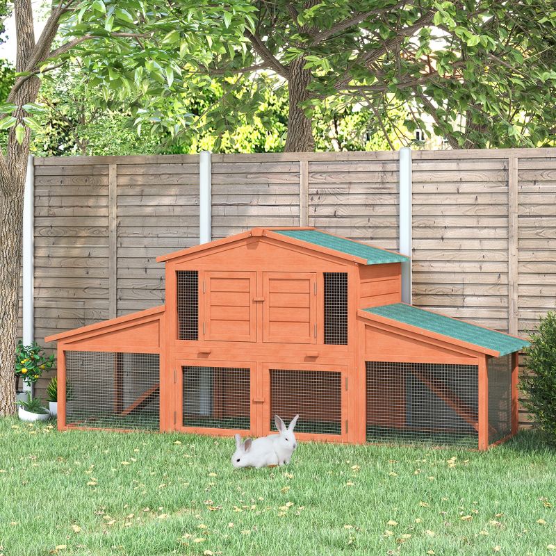 PawHut 88.5" Wooden Rabbit Hutch Bunny Hutch Guinea Pig House with Removable Tray, Double Ramp and Weatherproof Asphalt Roof for Outdoor, 2 of 9