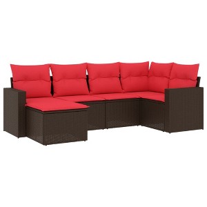 vidaXL 6 Piece Patio Sofa Set with Cushions Brown Poly Rattan - Brown and Red Without Table - 1 of 4
