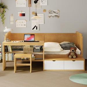 Twin Size Wooden Daybed with Storage Shelves and Lockers, Multi-Functional Bed with Study Desk and Matching Stool - ModernLuxe - 1 of 4