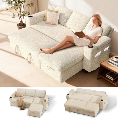 Dyonery L-Shaped Sleeper Sofa with Pull Out Bed,82" Sectional Couch with Reclining Backrest/Side Pocket/Armrest Storage/Cup Holder,Tool-Free Assembly