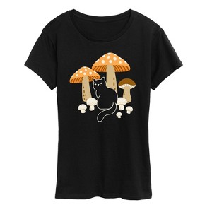 Women's - Instant Message - Cat And Mushrooms Short Sleeve Graphic T-Shirt - 1 of 4