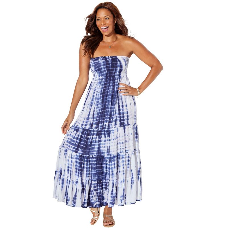 Swimsuits for All Women's Plus Size Strapless Smocked Maxi Dress Cover Up, 1 of 2