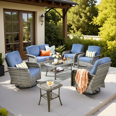 XIZZI Outdoor Patio Swivel Chair Conversation Set, 3/5/7/8 Piece Sofa Sets w/ Side Table, 360° Swivel Seats & Optional Coffee Table/Loveseat