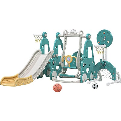 Climber Slide with Basketball Hoop, Kids Swing Slide Set Freestanding Climber Slide Playset Structure  Indoor Outdoor Playground for Boys Girls Green