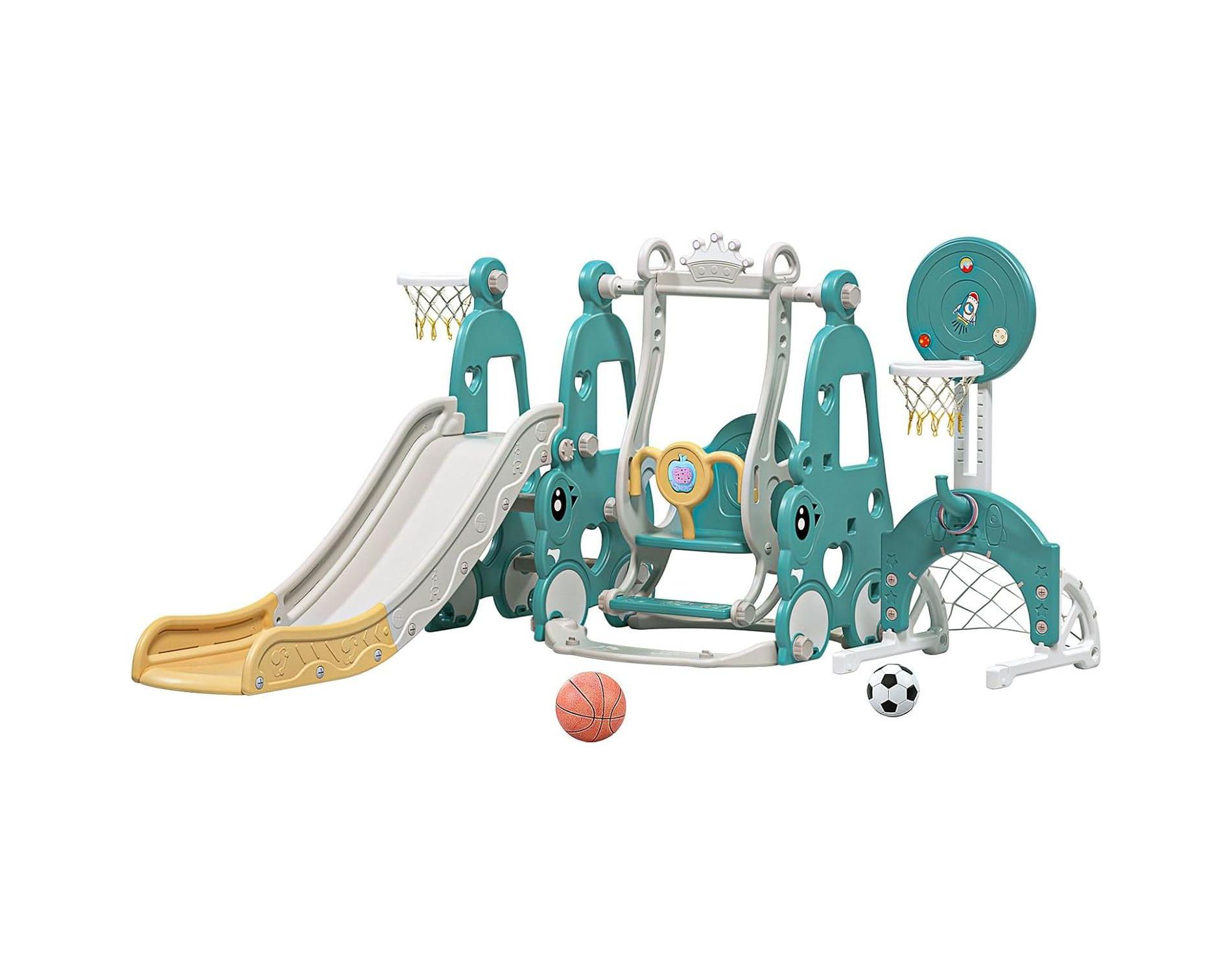 Climber Slide with Basketball Hoop, Kids Swing Slide Set Freestanding Climber Slide Playset Structure  Indoor Outdoor Playground for Boys Girls Green