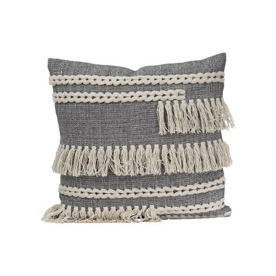 Gray Hand Woven 20x20" Cotton Decorative Throw Pillow with Hand Tied Fringe - Foreside Home & Garden