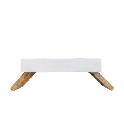 Medium Distressed White Mango Wood Elevated Pet Feeder with Stainless Steel Bowls