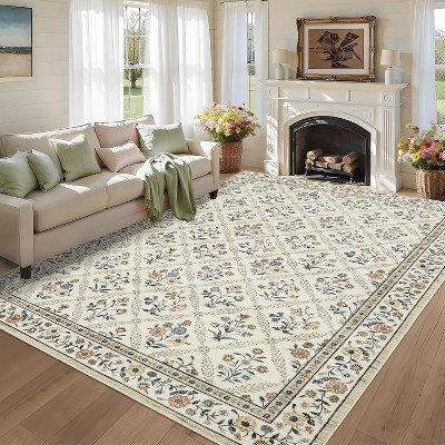 Soft Washable Floral Area Rug – Ultra-Thin, Stain-Resistant, Non-Slip, Non-Shedding Accent Carpet for Living Room, Bedroom, Dining Room, Office