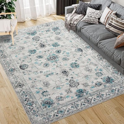 Area Rug Bohemian Vintage Rug Boho Floral Distressed Carpet, Beige Gray