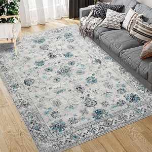 Area Rug Bohemian Vintage Rug Boho Floral Distressed Carpet, Beige Gray - 1 of 4