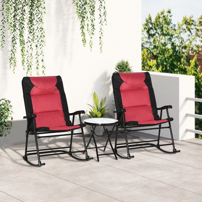 Outsunny 3 Piece Outdoor Patio Furniture Set with Glass Coffee Table & 2 Folding Padded Rocking Chairs, Bistro Style for Porch, Camping, Balcony, Red, 2 of 7