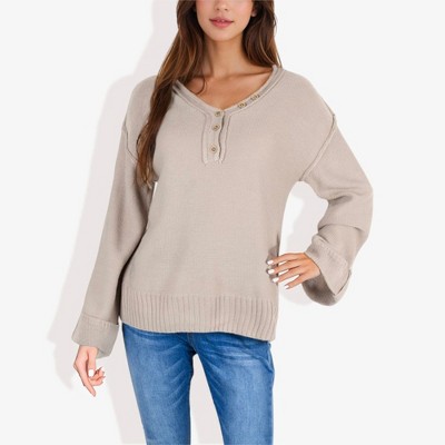 Anna-Kaci Women's Long Sleeve V-Neck Henley Knit Sweater with Button Details