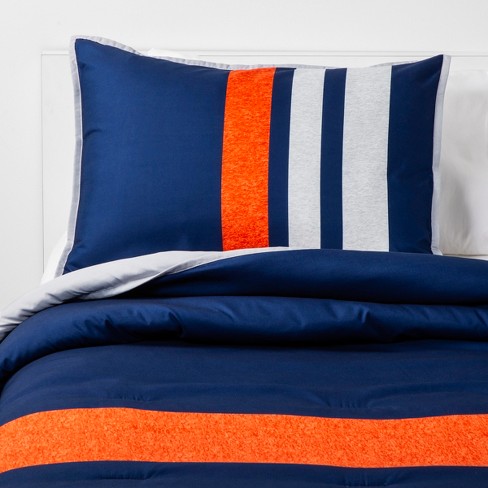 navy and white striped bedding
