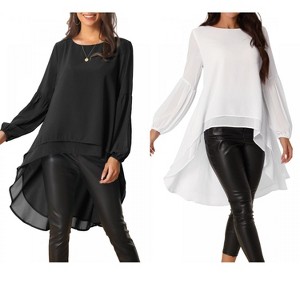 INSPIRE CHIC Women's Lantern Long Sleeve Round Neck High Low Irregular Hem Casual Blouse 2 Packs - 1 of 4