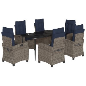vidaXL 7-Piece Patio Dining Set - Gray Poly Rattan, Adjustable Recliners, Tempered Glass Table, Navy Cushions, Weather-Resistant - 1 of 4