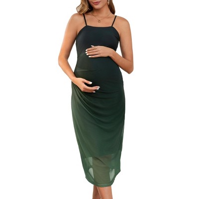 INSPIRE CHIC Women's Mesh Ruched Side Stylish Bodycon Spaghetti Strap Midi Maternity Dress