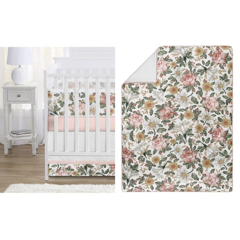Sweet Jojo Designs Crib Bedding + BreathableBaby Breathable Mesh Liner Girl Vintage Floral Pink Green and Yellow, 1 of 8