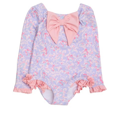 RuffleButts Girls UPF50+ Big Bow Ruffle Long Sleeve Rash Guard One Piece Swimsuit - Lavender Floral Princess, 6