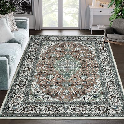 Area Rug Machine Washable Rug Non Slip Non Shedding Indoor Carpet Vintage Medallion Low Pile Foldable Rug for Bedroom Living Room Kids Room