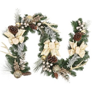 6ft Christmas Garland with Lights, Xmas Garland with Bow Ball Ornaments Snowflakes Pine Cone for Mantle Fireplace Staircase - 1 of 4