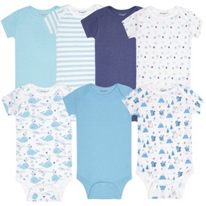 Everyday Kids 7-Pack Blue Short Sleeve Baby Boys Bodysuits – 100% Soft Cotton with Cute Whales, Bears, Stars and Solid Colors - 1 of 4