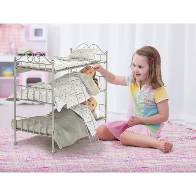 Silver Triple Doll Bunk Bed with Pink Star Bedding and Ladder