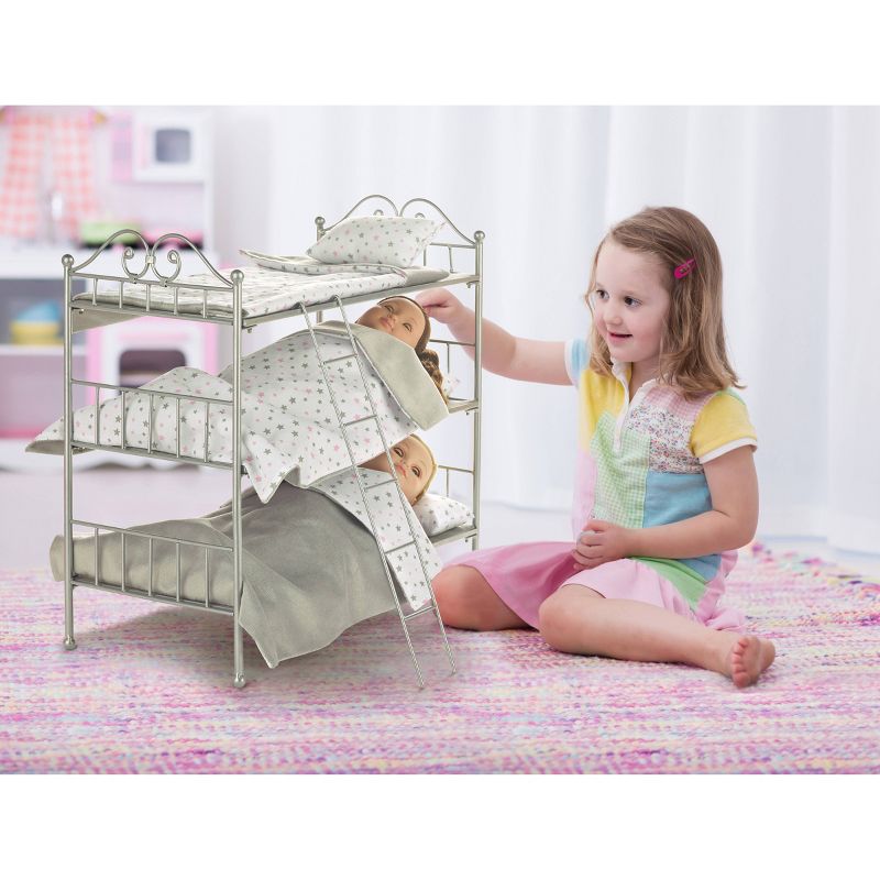 Badger Basket Scrollwork Metal Triple Doll Bunk Bed with Ladder and Bedding - Silver/Pink/Stars, 2 of 8