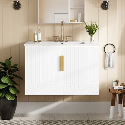 ALEXOUN 30" Bathroom Vanity with Ceramic Sink,Wall Mounted Bathroom Vanity Cabinet with Large Storage Space,with Adjustable Shelves,White