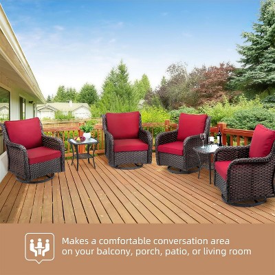 Red Wicker Swivel Rocker Patio Set with Glass Table