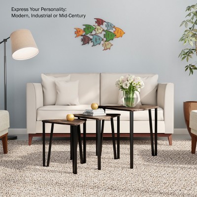Triangular Nesting Tables Set with Wood and Metal