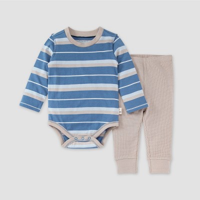 Image of Burt's Bees Baby® Baby Cozy Time Stripe Bodysuit & Thermal Pants Set - Slate Blue Newborn
