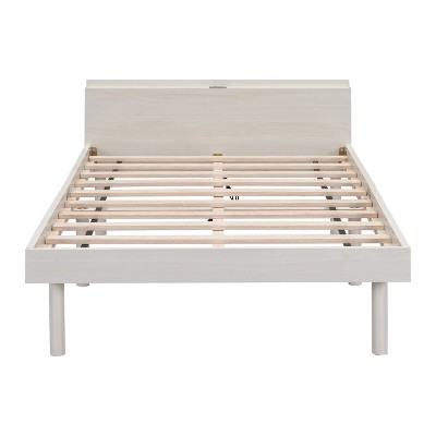 Modern Single Platform Bed Frame with Built-In USB Port - Walnut Color