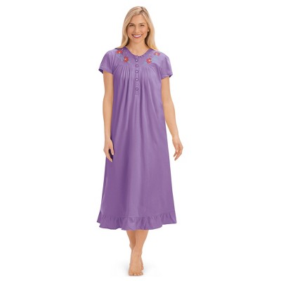 Collections Etc Embroidered Floral Pintuck Cotton Short Sleeve Knit Nightgown