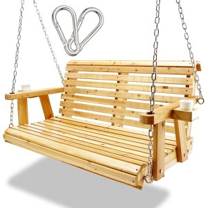Wooden Porch Swing with Hanging Chains - 2-Seater Outdoor Swing Bench with Cup Holders, Ergonomic Patio Swing Chair - 1 of 4