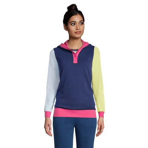 Lands' End Women's Petite Long Sleeve Serious Sweats Button Hoodie - Large  - Deep Sea Navy Multi Colorblock : Target