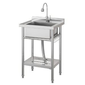 Freestanding Stainless Steel Utility Sink 16.8"x12.8"x7.6" Single Bowl with Adjustable Legs, 360° Swivel Hot & Cold Faucet - 1 of 4