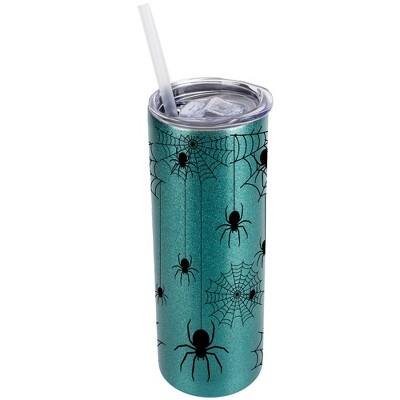 Elanze Designs Turquoise Blue 20 Ounce Double Wall Stainless Steel Glitter Travel Tumbler With Sliding Lid And Straw, Spiders