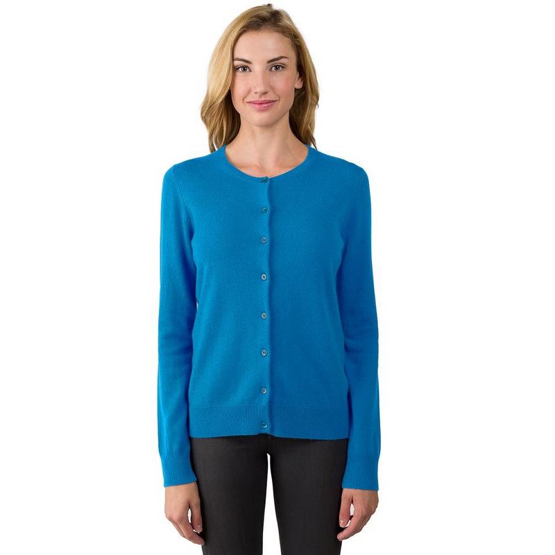 JENNIE LIU Women's 100% Cashmere Button Front Long Sleeve Crewneck Cardigan Sweater, 1 of 3