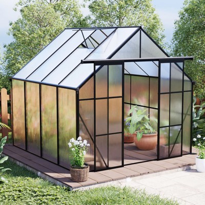 NicBex 8X8 FT Double Door Polycarbonate Greenhouse with Raised Base and Anchor Aluminum Heavy Duty Walk-in Greenhouses for Outdoor Backyard, Black