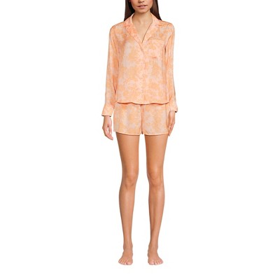 Lands' End Women's Plus Size Matte Satin 2 Piece Pajama Set - Long Sleeve Top and Shorts