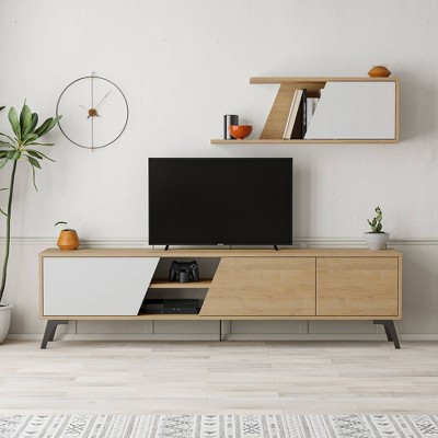 Light Oak and Black TV Stand with Storage Cabinets for 70" TVs