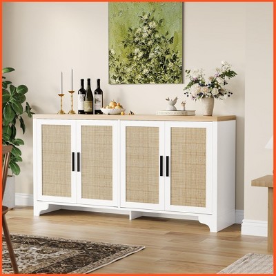 Homhougo 62 Inch Rattan Sideboard Buffet Cabinet, 4-Door Kitchen Storage Cabinet with Shelves White