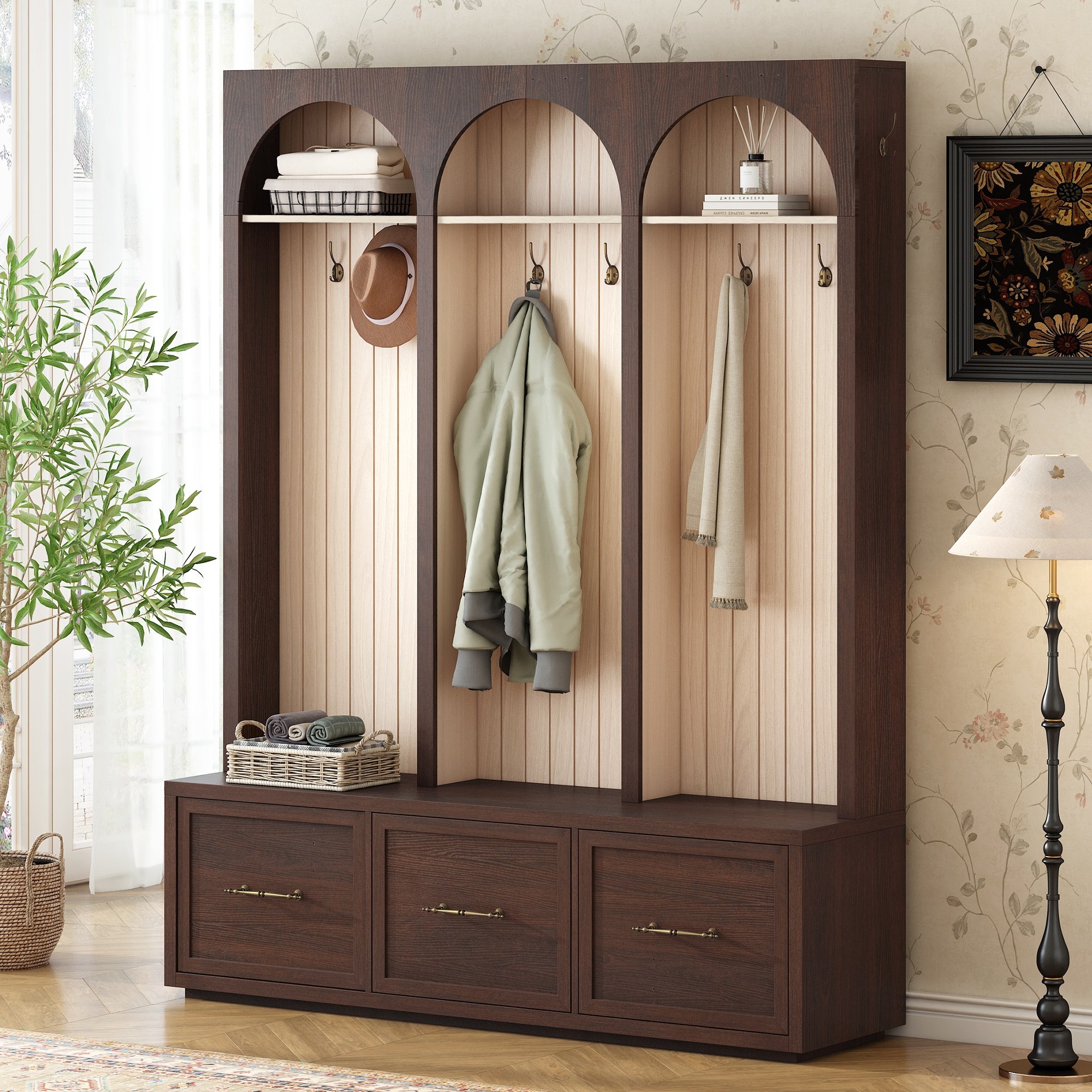 ModernLuxe Hall Tree with 8 Hooks, Entryway Bench & Shoe Organizer with 3 Drawers, Rustic Coat Rack, Farmhouse Hall Tree, Walnut