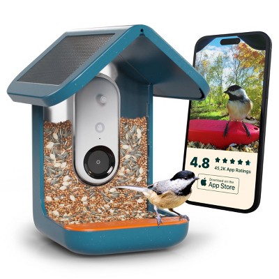 Blue Solar-Powered Smart Bird Feeder with Camera and Glass Enclosure